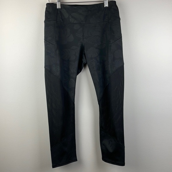 Athleta Athletic Leggings Size S Black with Black Floral Print Zip Pockets Mesh - Picture 4 of 11